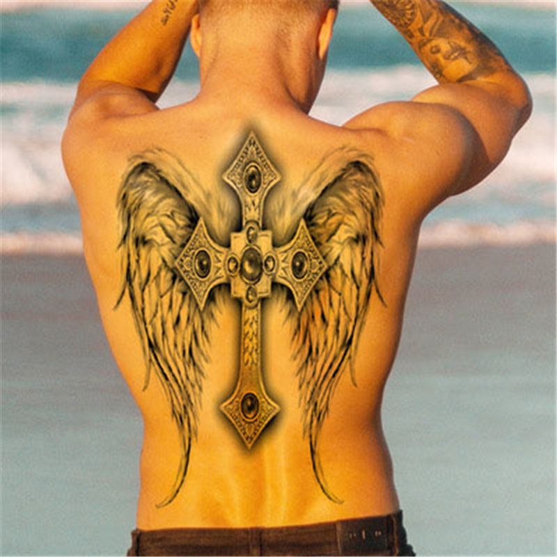 Cross with Wings Back Temporary Tattoo Sticker - OhMyTat