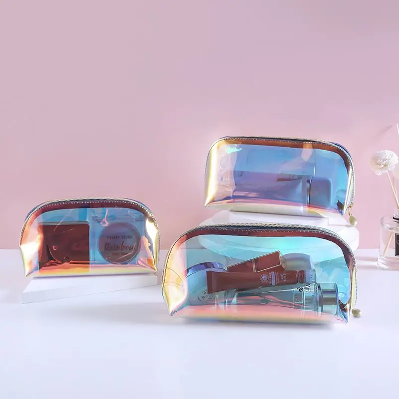 Women Simple Multi Size Iridescent Transparent Cosmetic Bag PVC Oval