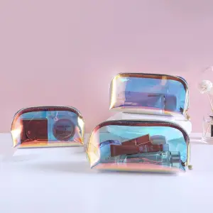 Women Simple Multi Size Iridescent Transparent Cosmetic Bag PVC Oval