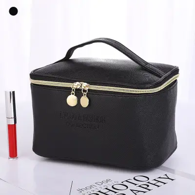Women Large Capacity Portable Boxy PU Leather Cosmetic Bag Vanity Case