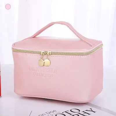 Women Large Capacity Portable Boxy PU Leather Cosmetic Bag Vanity Case
