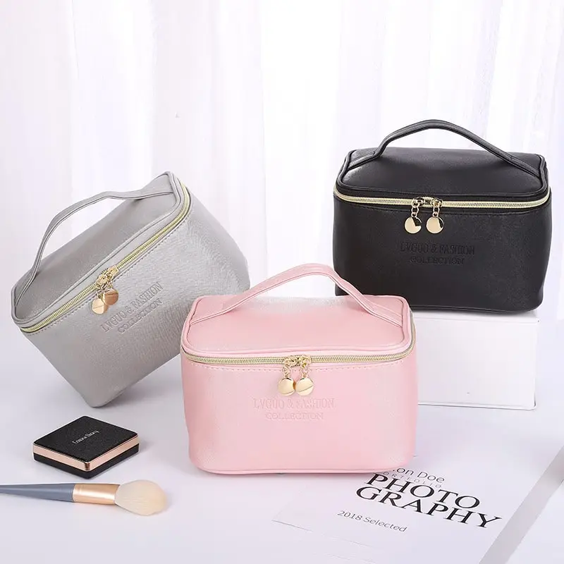 Women Large Capacity Portable Boxy PU Leather Cosmetic Bag Vanity Case