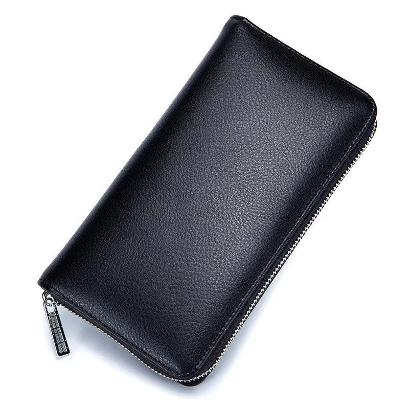 Genuine Leather Solid Color Long Zipper Magnetic Purse