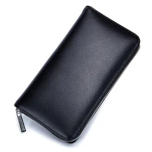 Genuine Leather Solid Color Long Zipper Magnetic Purse