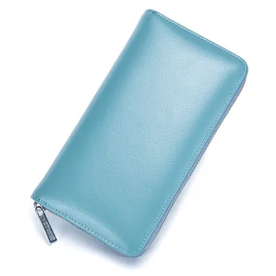Genuine Leather Solid Color Long Zipper Magnetic Purse