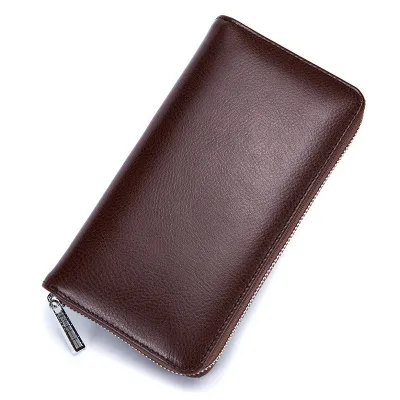 Genuine Leather Solid Color Long Zipper Magnetic Purse