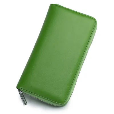 Genuine Leather Solid Color Long Zipper Magnetic Purse