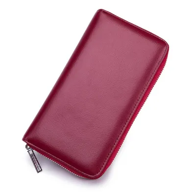 Genuine Leather Solid Color Long Zipper Magnetic Purse
