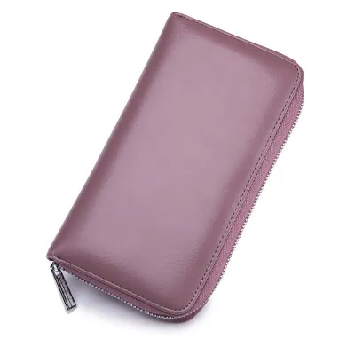 Genuine Leather Solid Color Long Zipper Magnetic Purse