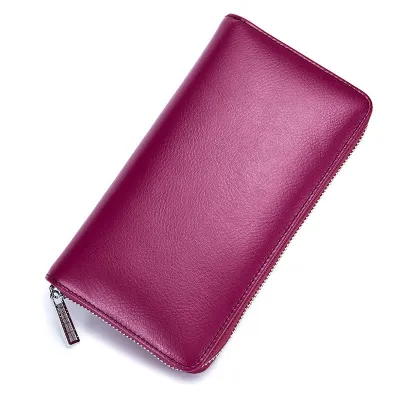 Genuine Leather Solid Color Long Zipper Magnetic Purse
