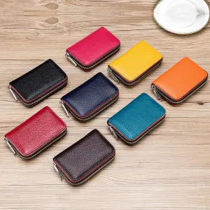 Genuine Leather Solid Color Zipper Card Holder Mini Wallets