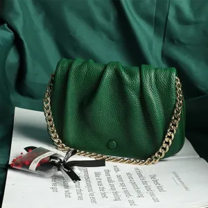 Women Trendy Solid Color Genuine Leather Cross-Body Chain Small Round Bag