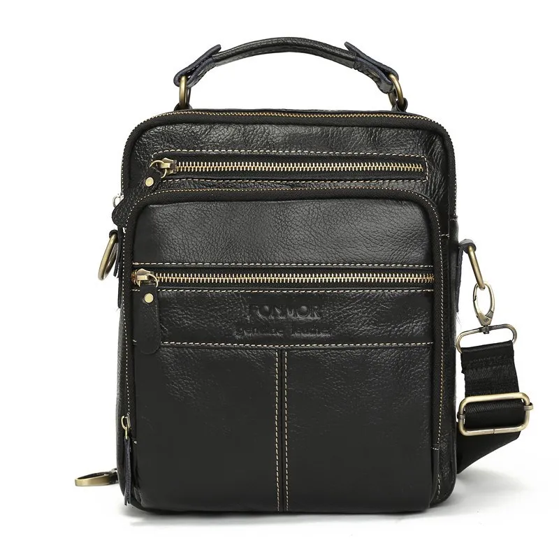 Men Vintage Solid Genuine Leather Briefcase Business Commute Shoulder Bag with Zipper