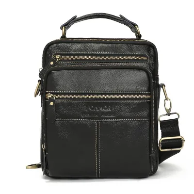 Men Vintage Solid Genuine Leather Briefcase Business Commute Shoulder Bag with Zipper