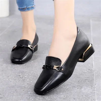 Women Genuine Leather Square Toe Chunky Heel Loafers Slip On Shoes Size 4.5-12