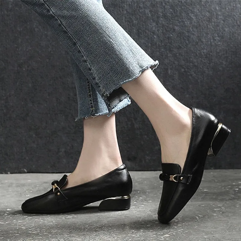 Women Genuine Leather Square Toe Chunky Heel Loafers Slip On Shoes Size 4.5-12