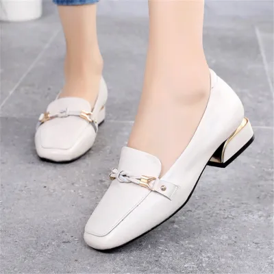 Women Genuine Leather Square Toe Chunky Heel Loafers Slip On Shoes Size 4.5-12