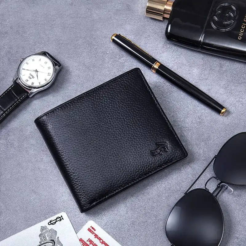 Men Solid Color Box Leather Wallet 2 Fold Short