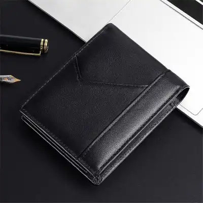 Men Solid Color Genuine Leather Trifold Wallet Short Horizontal Square