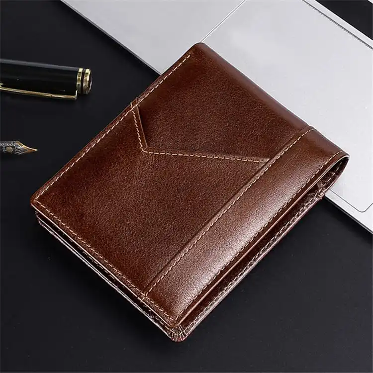 Men Solid Color Genuine Leather Trifold Wallet Short Horizontal Square