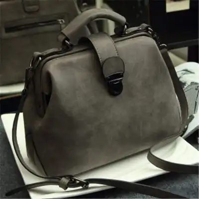 Women Retro Color Blocking Large Capacity Doctor Bag Genuine Leather