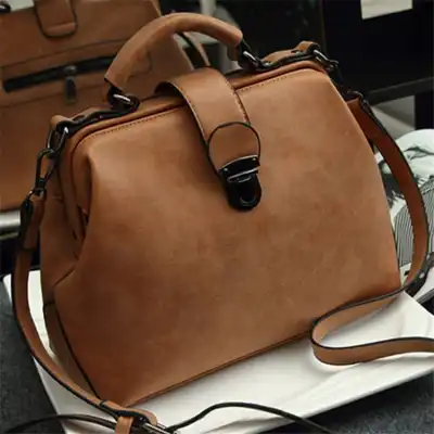 Women Retro Color Blocking Large Capacity Doctor Bag Genuine Leather