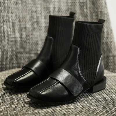 Size:4.5-12 Women Fashion Solid Color Patchwork Square Heel Ankle Boots Genuine Leather