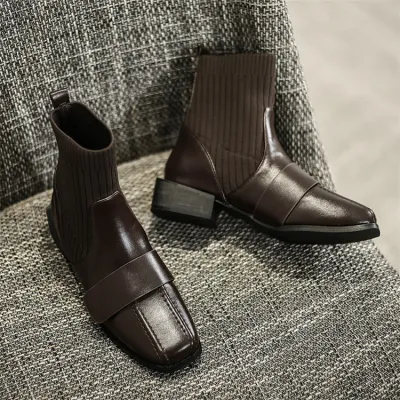 Size:4.5-12 Women Fashion Solid Color Patchwork Square Heel Ankle Boots Genuine Leather