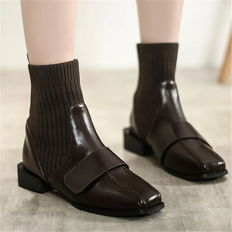 Size:4.5-12 Women Fashion Solid Color Patchwork Square Heel Ankle Boots Genuine Leather