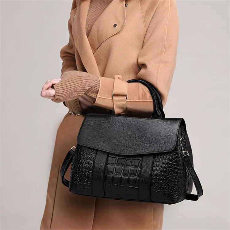 Women Solid Color Large Capacity Crocodile Pattern Genuine Leather Tote Bag