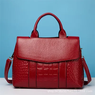 Women Solid Color Large Capacity Crocodile Pattern Genuine Leather Tote Bag