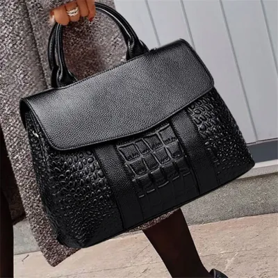 Women Solid Color Large Capacity Crocodile Pattern Genuine Leather Tote Bag