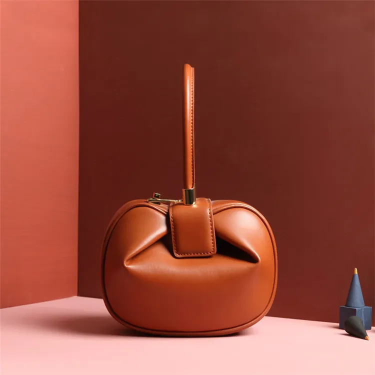Women Fashion Creative Dumpling Shaped Solid Color Handle Bag Genuine Leather