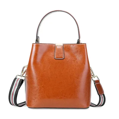 Women Simple Solid Color Waxed Genuine Leather Bucket Bag