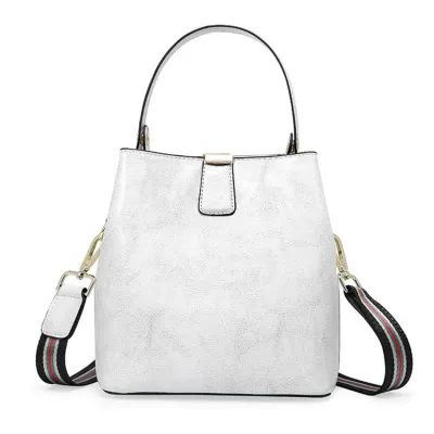 Women Simple Solid Color Waxed Genuine Leather Bucket Bag