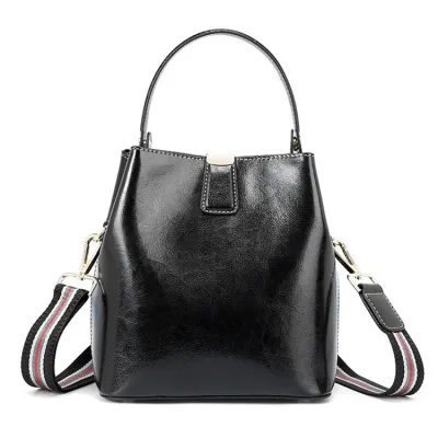 Women Simple Solid Color Waxed Genuine Leather Bucket Bag