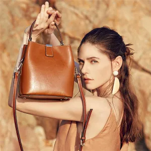 Women Simple Solid Color Waxed Genuine Leather Bucket Bag