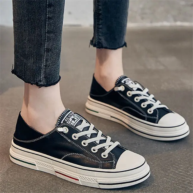 Women's Fashion Color Blocking Patchwork Genuine Leather Sneakers Low Top Flat Heel
