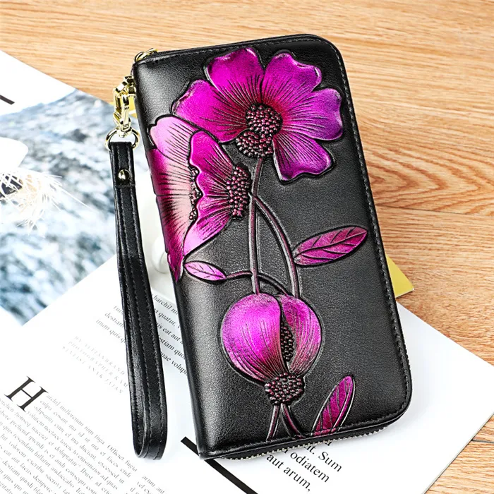 Women Fashion Embossed Floral Zipper Genuine Leather Purse