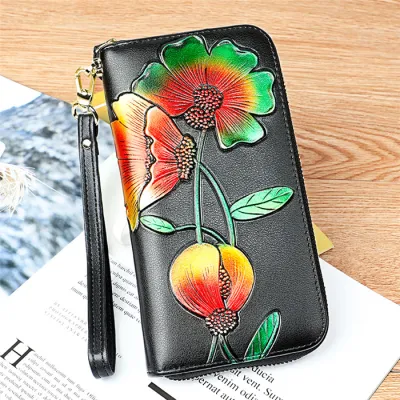 Women Fashion Embossed Floral Zipper Genuine Leather Purse