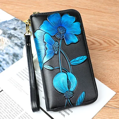 Women Fashion Embossed Floral Zipper Genuine Leather Purse