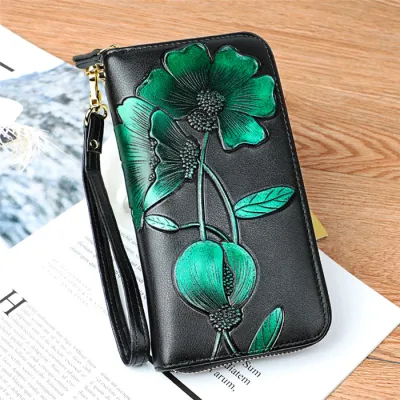Women Fashion Embossed Floral Zipper Genuine Leather Purse