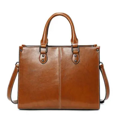Women Fashion Solid Color Large Capacity Genuine Leather Bag with Zipper