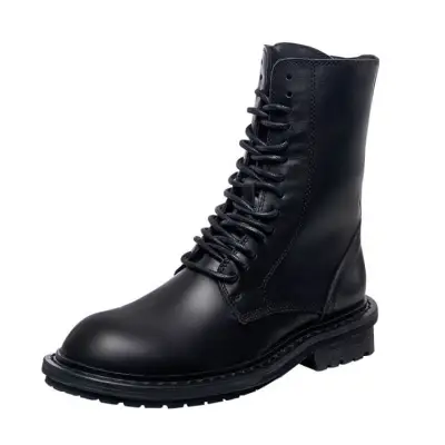 Women Solid Color Lace-up Genuine Leather Chunky Heel Boots Size 4.5-9
