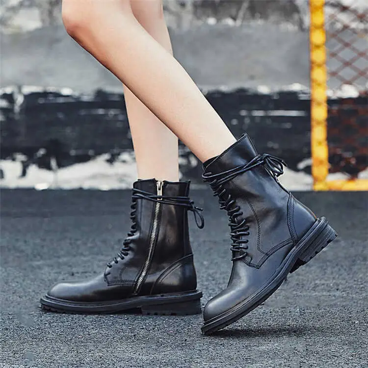 Women Solid Color Lace-up Genuine Leather Chunky Heel Boots Size 4.5-9