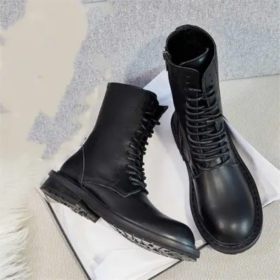 Women Solid Color Lace-up Genuine Leather Chunky Heel Boots Size 4.5-9