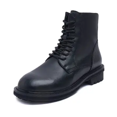 Women Solid Color Lace-up Genuine Leather Chunky Heel Boots Size 4.5-9