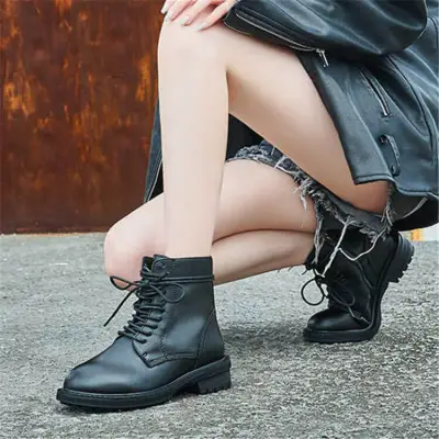 Women Solid Color Lace-up Genuine Leather Chunky Heel Boots Size 4.5-9
