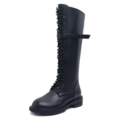 Women Solid Color Lace-up Genuine Leather Chunky Heel Boots Size 4.5-9