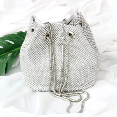 Women's Fashion Shiny Rhinestone Bucket Shoulder Bag Solid Color Satin Medium